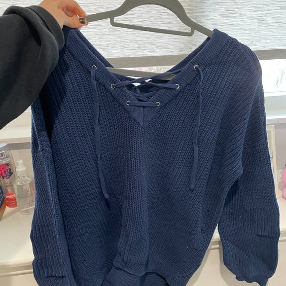 Blue Sweater with Lace-Up Detail - Picture 2 of 4